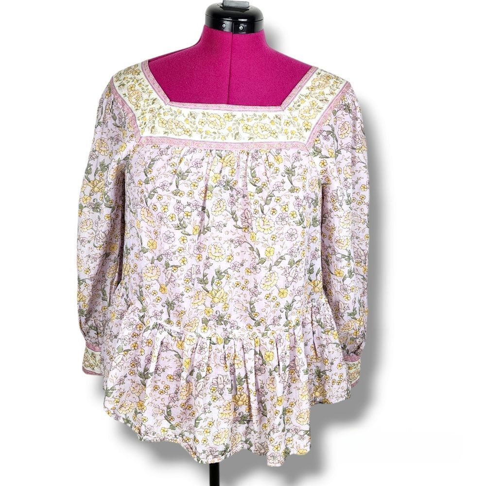 American Eagle AEO Cotton Top Floral Peasant Blouse Boho Balloon Long Sleeve S - Picture 3 of 16